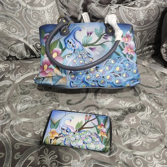 Anuschka Midnight Peacock Purse And WalletHandpainted Genuine Leather
